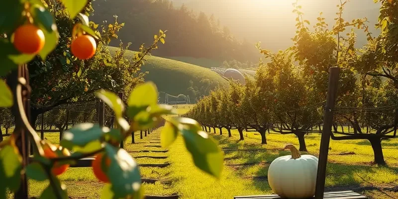 A beautiful orchard filled with colorful fruits and vegetables, showcasing the freshness of natural ingredients for festival desserts.