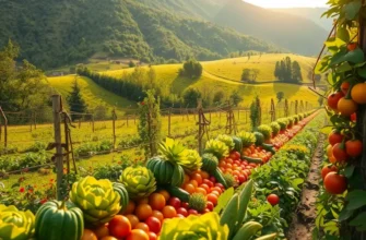 A scenic depiction of nature with vibrant produce representing festival foods.