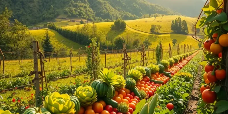 A scenic depiction of nature with vibrant produce representing festival foods.