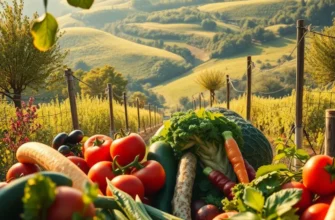 A beautiful sunlit field with lush greenery and an abundance of fruits and vegetables, symbolizing healthy nutrition.