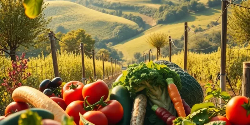 A beautiful sunlit field with lush greenery and an abundance of fruits and vegetables, symbolizing healthy nutrition.