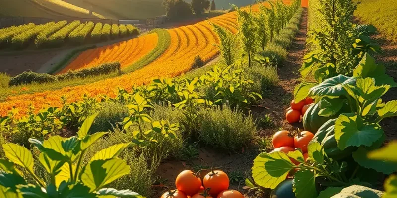 A natural landscape filled with fresh, organic fruits and vegetables representing healthy eating.