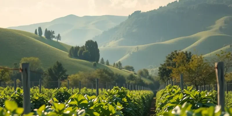 An expansive photorealistic field showcasing fresh, organic produce surrounded by natural landscapes.