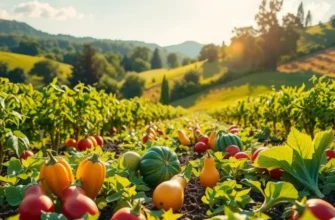 A scenic view of a sunlit orchard showcasing an incredible variety of fresh organic produce.