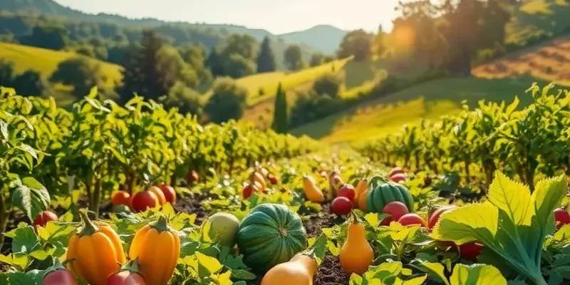 A scenic view of a sunlit orchard showcasing an incredible variety of fresh organic produce.
