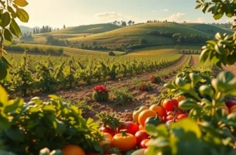 A beautiful sunlit field filled with organic fruits and vegetables, surrounded by greenery.