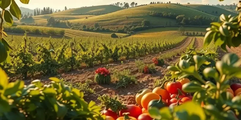 A beautiful sunlit field filled with organic fruits and vegetables, surrounded by greenery.