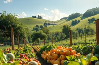 Sunlit field filled with vibrant vegetables and fruits growing among lush greenery.