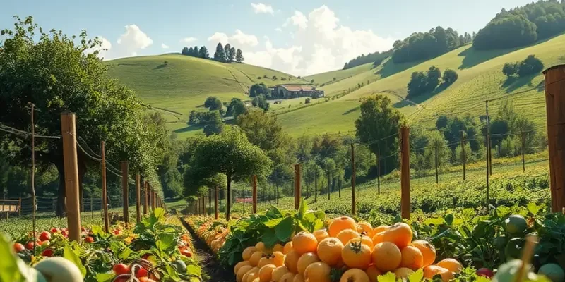 Sunlit field filled with vibrant vegetables and fruits growing among lush greenery.