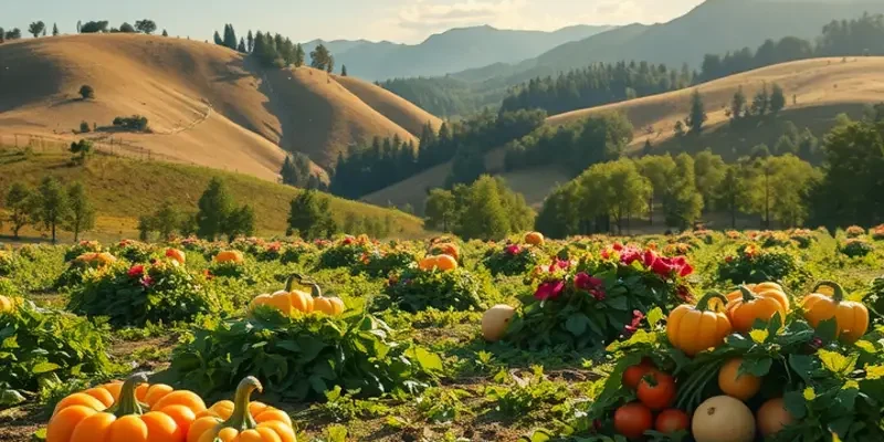 A lush green field brimming with vibrant vegetables and fruits, symbolizing healthy eating.