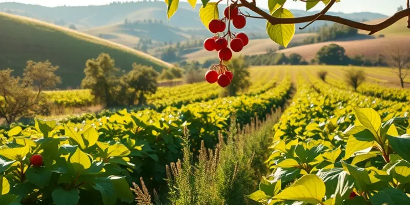 A beautiful landscape of a sunlit field filled with healthy, organic produce.