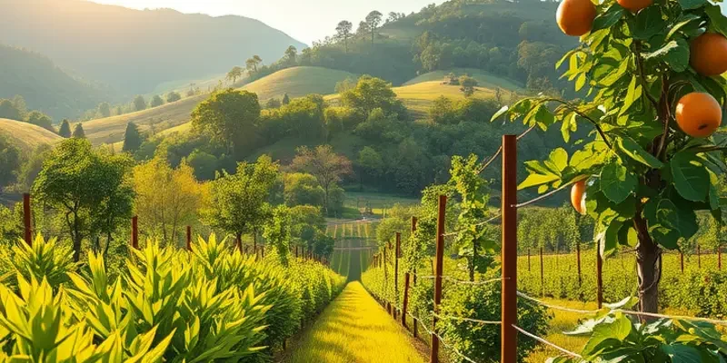 A scenic field filled with organic vegetables and fruits, emphasizing healthy eating.
