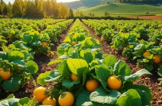 A colorful landscape of a sunlit field filled with fresh fruits and vegetables surrounded by lush nature.