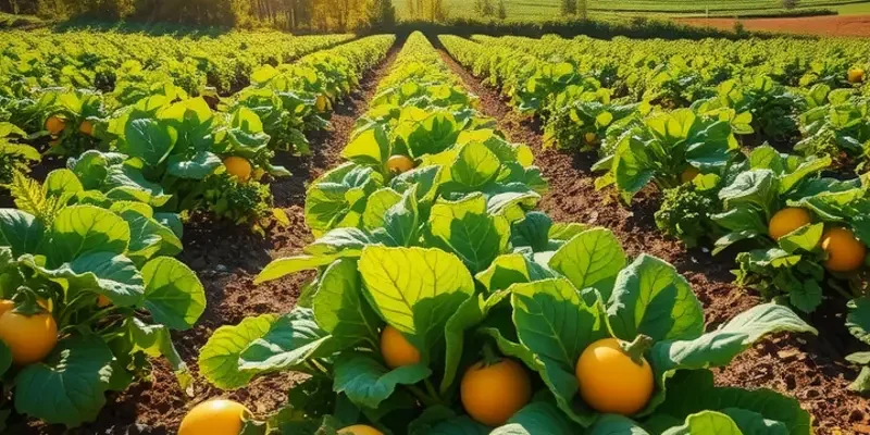 A colorful landscape of a sunlit field filled with fresh fruits and vegetables surrounded by lush nature.