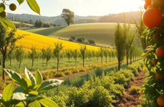 A beautiful field showcasing the growth of organic fruits and vegetables amid lush greenery.