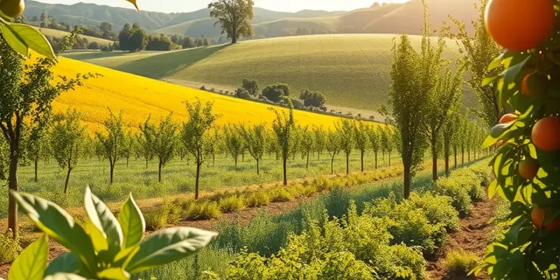 A beautiful field showcasing the growth of organic fruits and vegetables amid lush greenery.