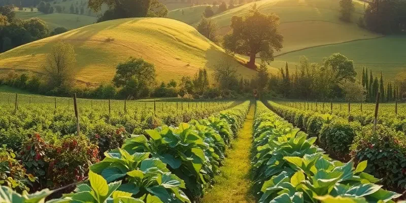 Lush field filled with organic vegetables and fruits reflecting healthy eating.