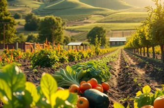 A scenic open field showcasing the vibrance of organic fruits and vegetables.