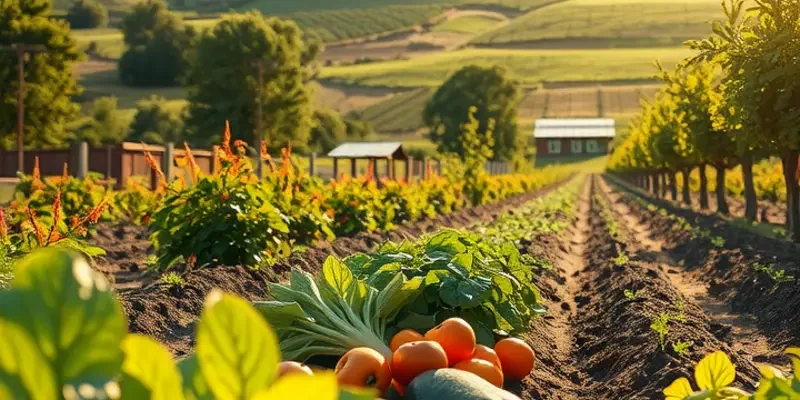 A scenic open field showcasing the vibrance of organic fruits and vegetables.