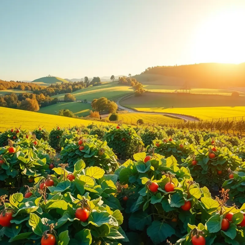 A sunlit field showcasing the abundance of organic fruits and vegetables.