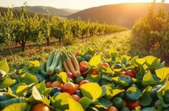 Photorealistic landscape of an orchard showcasing colorful vegetables and fruits under warm sunlight.