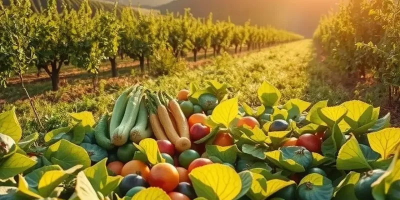 Photorealistic landscape of an orchard showcasing colorful vegetables and fruits under warm sunlight.