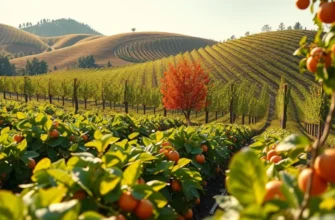 A scenic landscape highlighting an orchard of fresh organic fruits and vegetables.