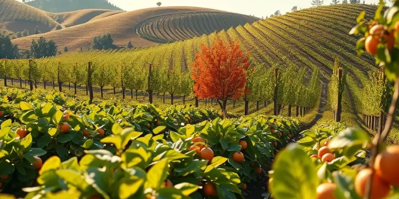 A scenic landscape highlighting an orchard of fresh organic fruits and vegetables.
