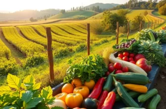 A lush, vibrant field filled with organic vegetables and fruits illustrating healthy eating.