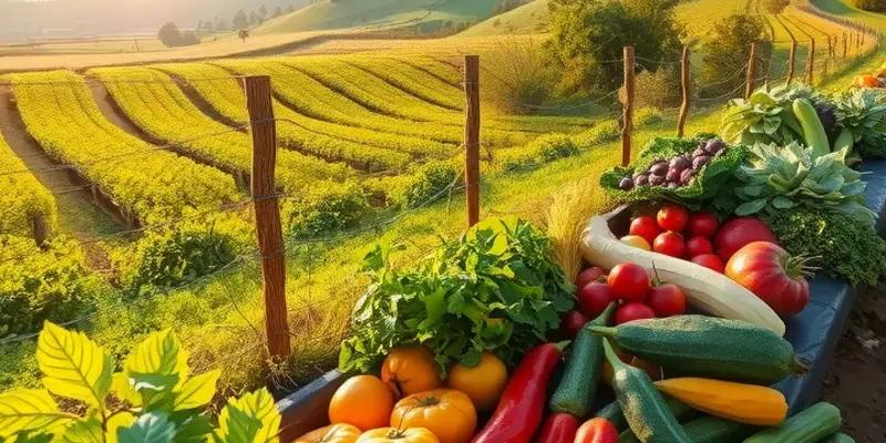 A lush, vibrant field filled with organic vegetables and fruits illustrating healthy eating.