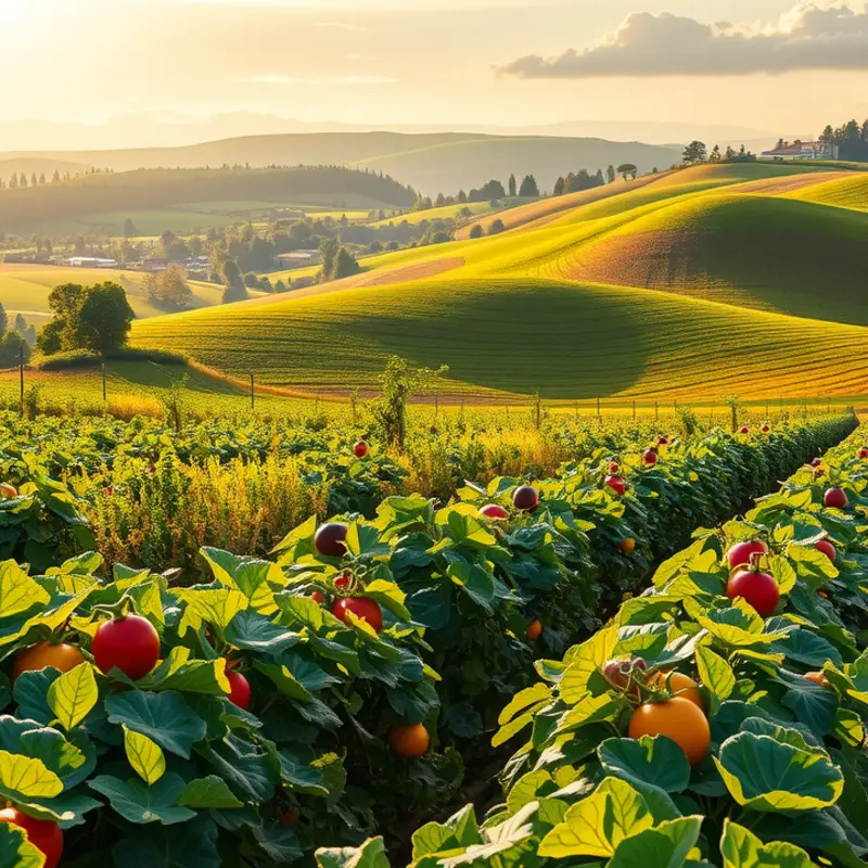 A sunlit field abundant with organic vegetables and fruits.
