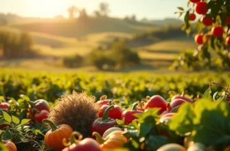 A field depicting various organic fruits and vegetables in natural sunlight.