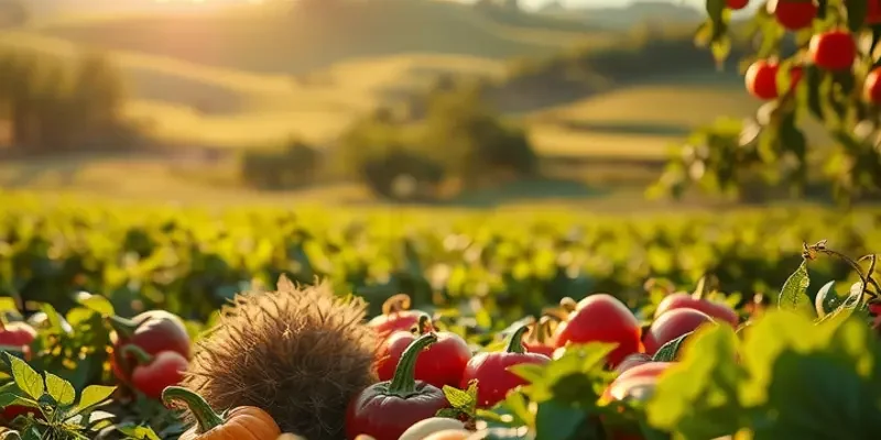 A field depicting various organic fruits and vegetables in natural sunlight.
