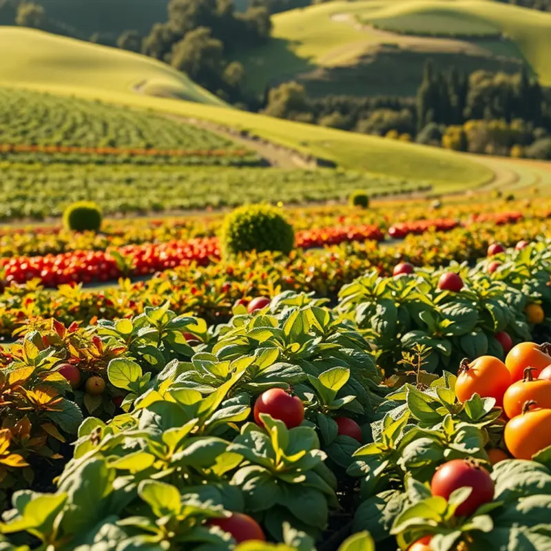 A vibrant sunlit field bursting with fresh vegetables, symbolizing nature’s bounty.