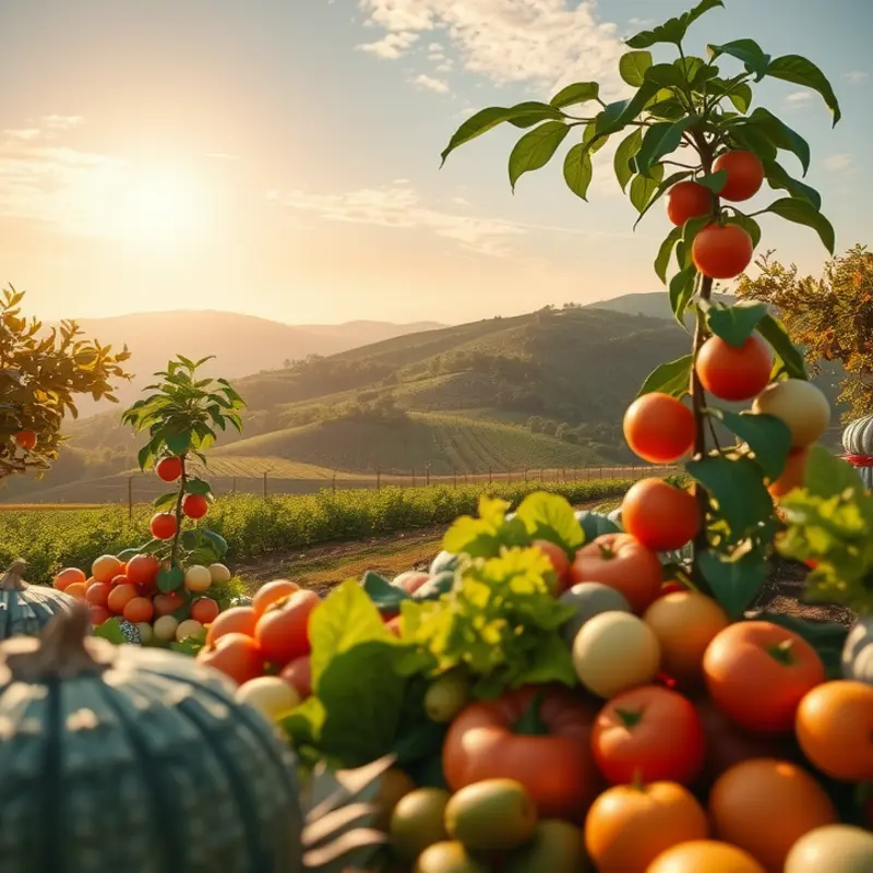 A scenic orchard growing vibrant rice grains and vegetables in natural abundance.