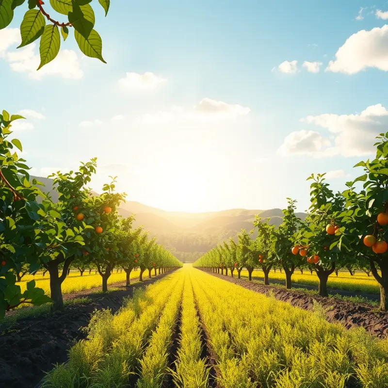 A vibrant sunlit field bursting with organic vegetables and fruits.