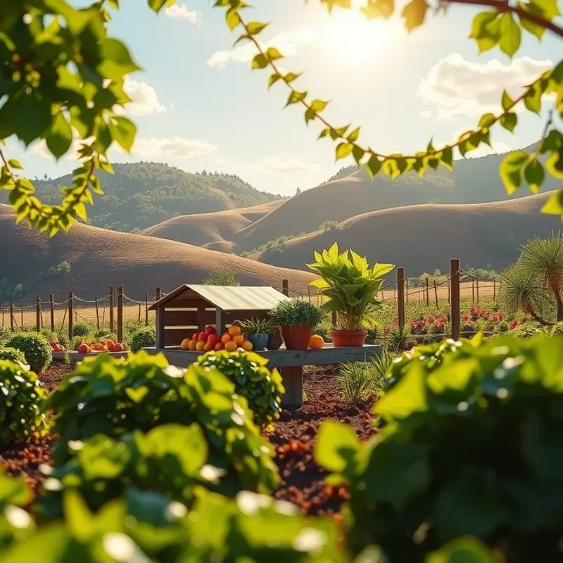 A vibrant field showcasing organic vegetables and fruits basking in the sun.
