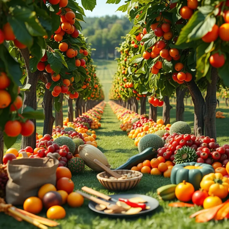 A sunlit field filled with healthy vegetables and fruits, representing the vitality of carbohydrates.