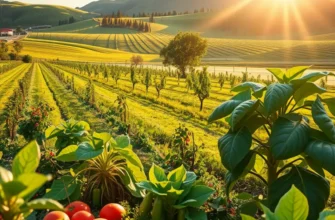 A vibrant landscape showcasing fresh fruits and vegetables in a natural farm setting.
