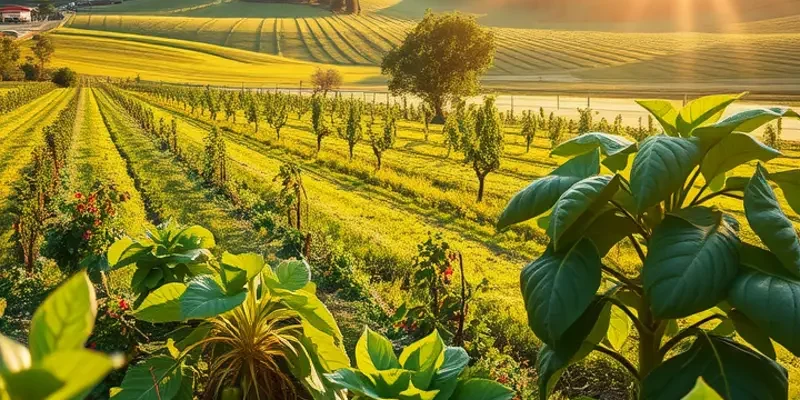 A vibrant landscape showcasing fresh fruits and vegetables in a natural farm setting.
