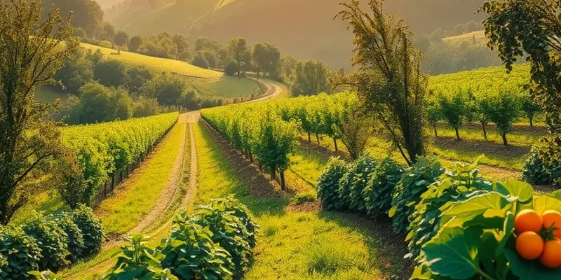 A vibrant sunlit field displaying an assortment of fresh vegetables and fruits.