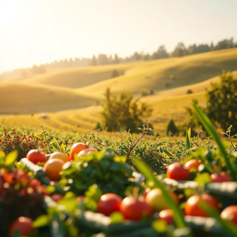 A sunlit orchard filled with vibrant fruits and vegetables symbolizing the balance of food groups.