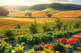 A lush, beautiful landscape filled with fresh organic vegetables and fruits, symbolizing the abundance in food history.