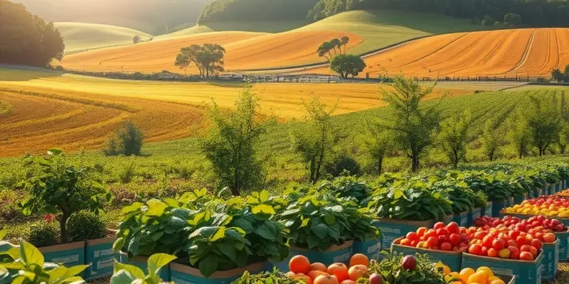 A lush, beautiful landscape filled with fresh organic vegetables and fruits, symbolizing the abundance in food history.