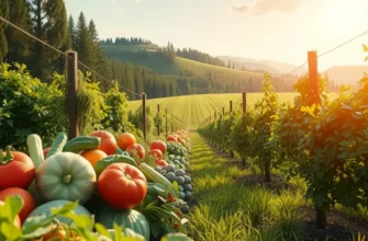 A vibrant and scenic orchard filled with fresh fruits and vegetables, highlighting the importance of nutrition and sustainable practices.