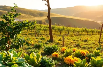 A sunny orchard filled with an array of healthy produce growing abundantly.