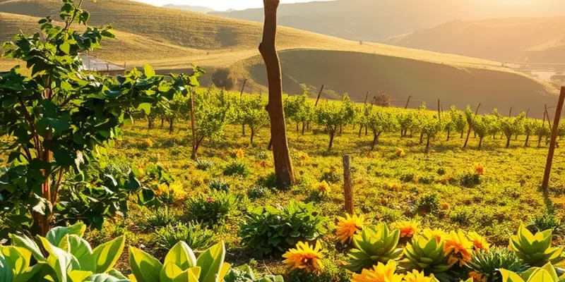 A sunny orchard filled with an array of healthy produce growing abundantly.