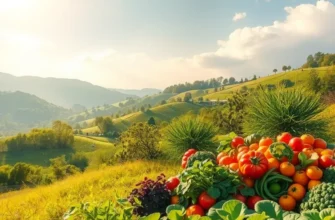 A beautiful orchard illuminated by sunlight, filled with vegetables and fruits, representing organic and fresh food.