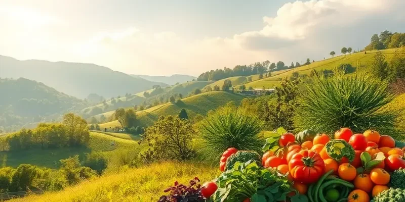 A beautiful orchard illuminated by sunlight, filled with vegetables and fruits, representing organic and fresh food.