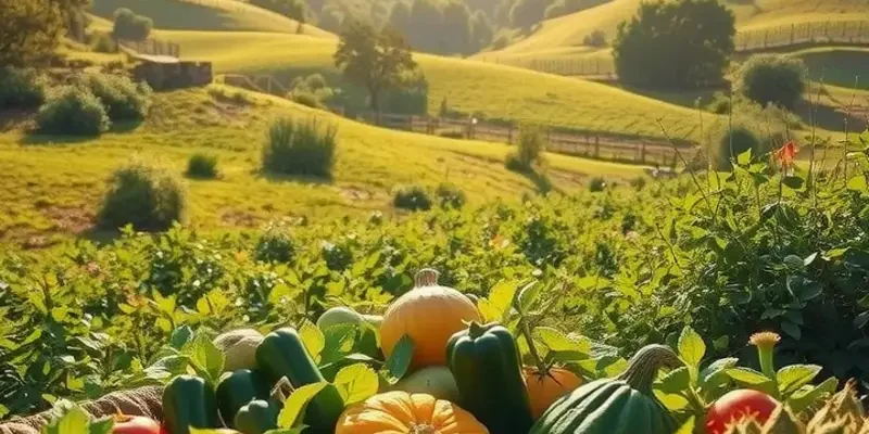 A serene orchard showing lush, fertile land flourishing with fresh produce.